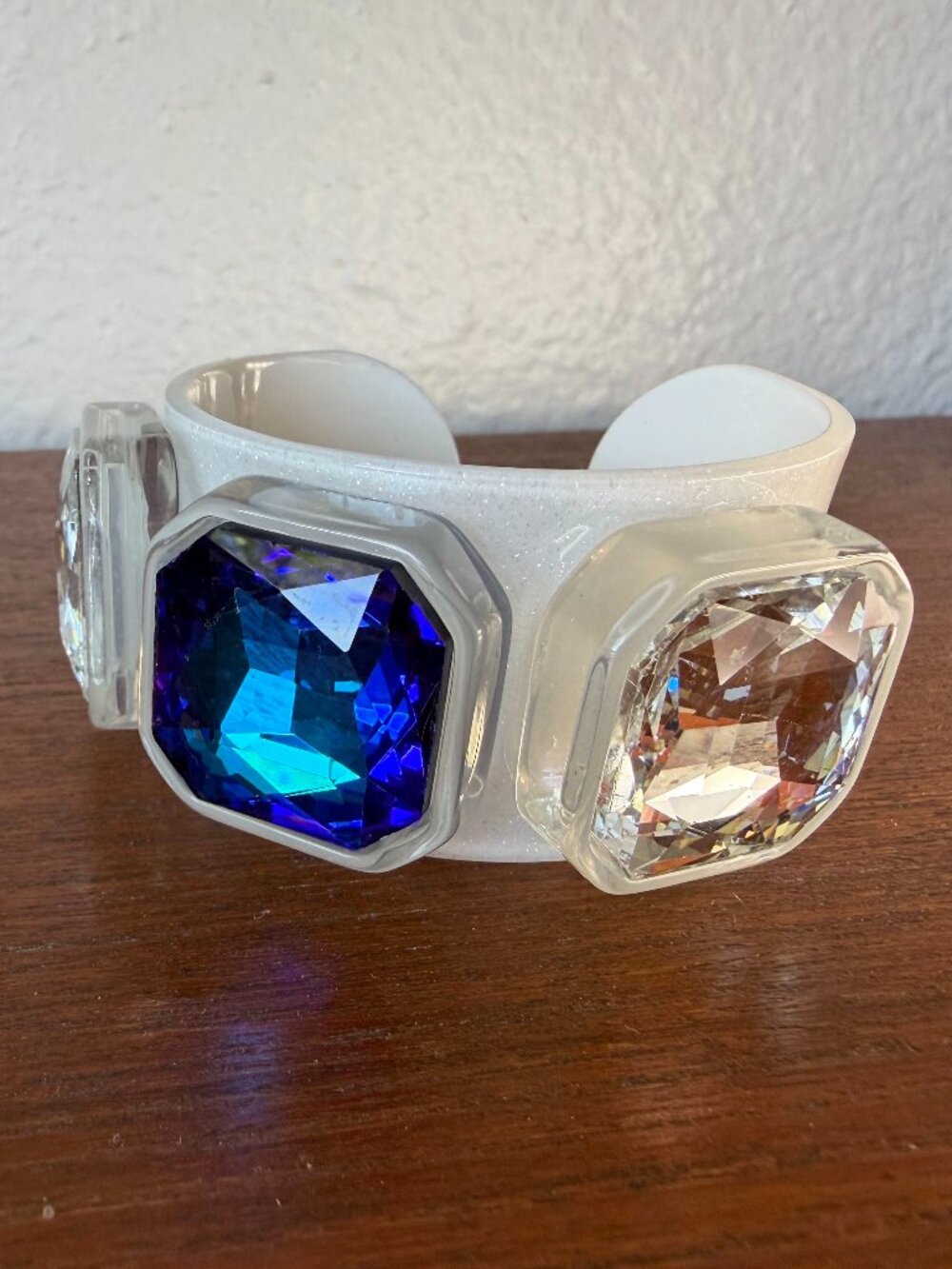 NIB FUN Wide Cuff Bracelet with Clear and Blue Crystals - Maximalist Festival